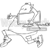 Outline Clipart of a Cartoon Black and White Chubby Juvenile Deliquent Man Looting and Running with a Stolen Television - Royalty Free Lineart Vector Illustration © djart #1352133