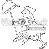 Outline Clipart of a Cartoon Black and White White Woman Looting and Running with a Stolen Lamp - Royalty Free Lineart Vector Illustration © djart #1352134