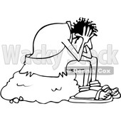 Outline Clipart of a Cartoon Black and White Stressed Caveman Sitting on a Boulder and Resting His Head in His Hands - Royalty Free Lineart Vector Illustration © djart #1352135