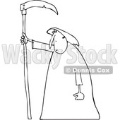 Outline Clipart of a Cartoon Black and White Hooded Grim Reaper Man with a Scythe - Royalty Free Lineart Vector Illustration © djart #1354946