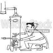 Outline Clipart of a Cartoon Black and White Vampire Lighting a Water Heater Pilot - Royalty Free Lineart Vector Illustration © djart #1354948