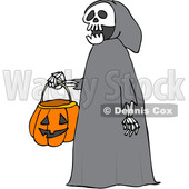 Clipart of a Cartoon Halloween Skeleton Wearing a Hood and Carrying a Pumpkin Basket - Royalty Free Vector Illustration © djart #1355258