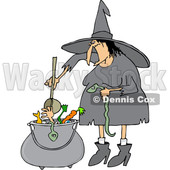 Clipart of a Cartoon Fat Warty Halloween Witch Adding a Snake into Her Brew - Royalty Free Vector Illustration © djart #1355259