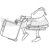 Outline Clipart of a Cartoon Black and White Christmas Santa Claus Pushing a Dryer on a Hand Truck Dolly - Royalty Free Lineart Vector Illustration © djart #1355265