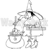 Outline Clipart of a Cartoon Black and White Halloween Witch Adding a Snake into Her Brew - Royalty Free Lineart Vector Illustration © djart #1355267