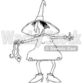 Outline Clipart of a Cartoon Black and White Chubby Warty Halloween Witch Holding a Snake - Royalty Free Lineart Vector Illustration © djart #1355268