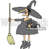 Clipart of a Cartoon Chubby Warty Halloween Witch Holding a Broom and Cat - Royalty Free Vector Illustration © djart #1355325