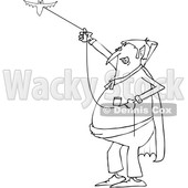 Outline Clipart of a Cartoon Black and White Chubby Dracula Vampire Flying a Bat - Royalty Free Lineart Vector Illustration © djart #1355577