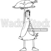 Outline Clipart of a Cartoon Black and White Caveman Holding up a Roasted Turkey on a Platter - Royalty Free Lineart Vector Illustration © djart #1356457