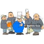 Clipart of a Cartoon Group of Caucasian Male Construction Workers with a Cooler, Donuts, Document and Bag - Royalty Free Illustration © djart #1357309