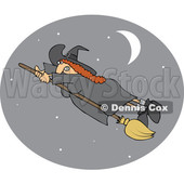 Clipart of a Red Haired Witch Hanging onto Her Flying Broomstick, Inside a Crescent Moon and Star Oval - Royalty Free Vector Illustration © djart #1359738