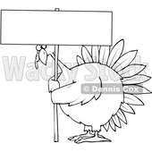 Clipart of a Cartoon Black and White Chubby Thanksgiving Turkey Bird Holding a Blank Sign - Royalty Free Vector Illustration © djart #1361479