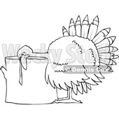 Clipart of a Cartoon Black and White Thanksgiving Turkey Bird Laying His Head on a Chopping Block - Royalty Free Vector Illustration © djart #1361514