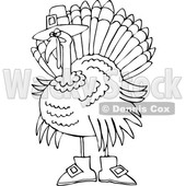 Clipart of a Cartoon Black and White Thanksgiving Turkey Bird Wearing Boots and a Pilgrim Hat - Royalty Free Vector Illustration © djart #1362431