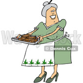 Clipart of a Cartoon Happy Chubby White Senior Woman Holding a Tray of Fresly Baked Marijuana Brownies and Wearing an Apron with Pot Leaves - Royalty Free Vector Illustration © djart #1363049