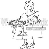 Clipart of a Cartoon Black and White Happy Chubby Senior Woman Wearing a Pot Leaf Apron and Holding a Tray of First Place Fresly Baked Marijuana Brownies - Royalty Free Vector Illustration © djart #1363050