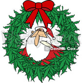 Clipart of a Cartoon Stoned Christmas Santa Claus Smoking a Joint Inside a Marijuana Pot Leaf Weed Christmas Wreath with a Red Bow - Royalty Free Vector Illustration © djart #1365763
