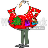 Clipart of a Cartoon Santa Claus Wearing an Ugly Christmas Sweater with Gifts and a Tree - Royalty Free Vector Illustration © djart #1370949