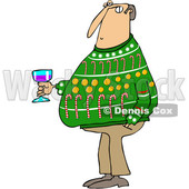 Clipart of a Cartoon Chubby White Man Wearing an Ugly Christmas Sweater and Holding a Glass of Wine at a Party - Royalty Free Vector Illustration © djart #1370953