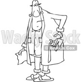 Clipart of a Cartoon Black and White Chubby Sick Man with a Tissue Box in His Robe Pocket - Royalty Free Vector Illustration © djart #1371798