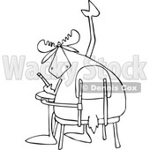 Clipart of a Cartoon Black and White Student Moose with a Question, Raising a Hoof at a Desk - Royalty Free Vector Illustration © djart #1373279