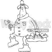 Cartoon Clipart of a Black and White Chubby Man in a Winter Coat and Hat, Walking and Carrying Firewood and an Axe - Royalty Free Vector Illustration © djart #1373904