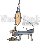 Cartoon Clipart of a Chubby White Business Man Wearing a Dunce Hat and Sitting on a Stool - Royalty Free Vector Illustration © djart #1373905