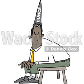 Cartoon Clipart of a Chubby Black Business Man Wearing a Dunce Hat and Sitting on a Stool - Royalty Free Vector Illustration © djart #1373906