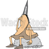 Cartoon Clipart of a Dumb Caveman Wearing a Dunce Hat and Sitting on a Boulder - Royalty Free Vector Illustration © djart #1373909