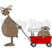 Cartoon Clipart of a Moose Standing Upright and Pulling a Baby in a Wagon - Royalty Free Vector Illustration © djart #1375296