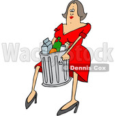 Clipart of a Cartoon Brunette White Woman Carrying a Trash Can - Royalty Free Vector Illustration © djart #1381481