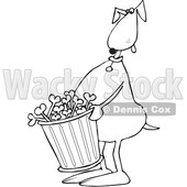 Clipart of a Cartoon Black and White Lineart Dog Carrying a Garbage Can of Bones - Royalty Free Vector Illustration © djart #1384320