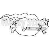 Clipart of a Cartoon Black and White Lineart Pig Super Hero Flying with a Cape - Royalty Free Vector Illustration © djart #1389337