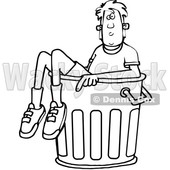 Clipart of a Cartoon Black and White Lineart Boy in a Trash Can - Royalty Free Vector Illustration © djart #1389536
