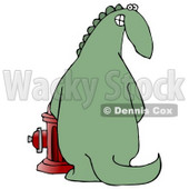 Mischievous Green Dinosaur Looking Back Over His Shoulder and Grinning While Peeing on a Fire Hydrant Clipart Illustration © djart #13901