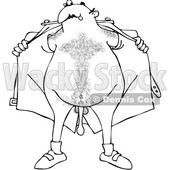 Clipart of a Cartoon Black and White Lineart Hairy Flasher Man Opening His Jacket and Showing His Junk - Royalty Free Vector Illustration © djart #1391330