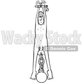 Toon Clipart of a Black and White Lineart Nude Man Hanging, with a Ball and Chain Tied to His Balls - Royalty Free Vector Illustration © djart #1392135