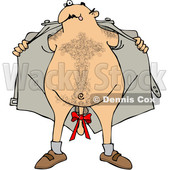 Clipart of a Cartoon Hairy White Man Flashing His Body, with a Bow on His Penis - Royalty Free Vector Illustration © djart #1394926