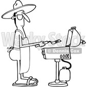 Clipart of a Cartoon Black and White Nude Man Wearing an Apron and Cooking on a Bbq Grill - Royalty Free Vector Illustration © djart #1395835