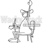 Clipart of a Cartoon Black and White Lineart Moose Student Raising His Hand at a School Desk - Royalty Free Vector Illustration © djart #1400835