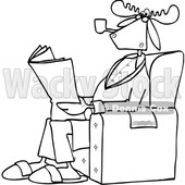 Clipart of a Cartoon Black and White Lineart Moose Smoking a Pipe and Reading a Newspaper in a Chair - Royalty Free Vector Illustration © djart #1401015