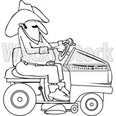 Clipart of a Lineart Chubby Cowboy Riding a Red Lawn Mower - Royalty Free Vector Illustration © djart #1401053