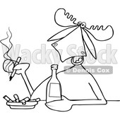 Clipart of a Cartoon Black and White Lineart Moose Smoking and Drinking a Beer - Royalty Free Vector Illustration © djart #1403990