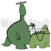 Green Dino Standing Upright and Walking His Pet Dino on a Leash Clipart Illustration © djart #14065
