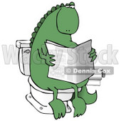 Green Dino Sitting on a Toilet and Reading a Newspaper in a Bathroom Clipart Illustration © djart #14071