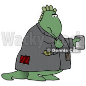Homeless Green Dinosaur Wearing a Patched Jacket and Holding a Cup Out for Spare Change Clipart Illustration © djart #14072