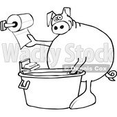 Clipart of a Cartoon Black and White Lineart Pig Washing His Hands in a Tub and Reaching for Paper Towels - Royalty Free Vector Illustration © djart #1407366