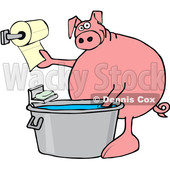 Clipart of a Cartoon Pig Washing His Hands in a Tub and Reaching for Paper Towels - Royalty Free Vector Illustration © djart #1407367