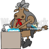 Clipart of a Cartoon Cowboy Cow Washing His Hands in a Sudsy Sink, with Soap in His Gun Holster - Royalty Free Vector Illustration © djart #1407372