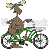 Clipart of a Cartoon Moose Pushing a Green Bicycle - Royalty Free Vector Illustration © djart #1407985